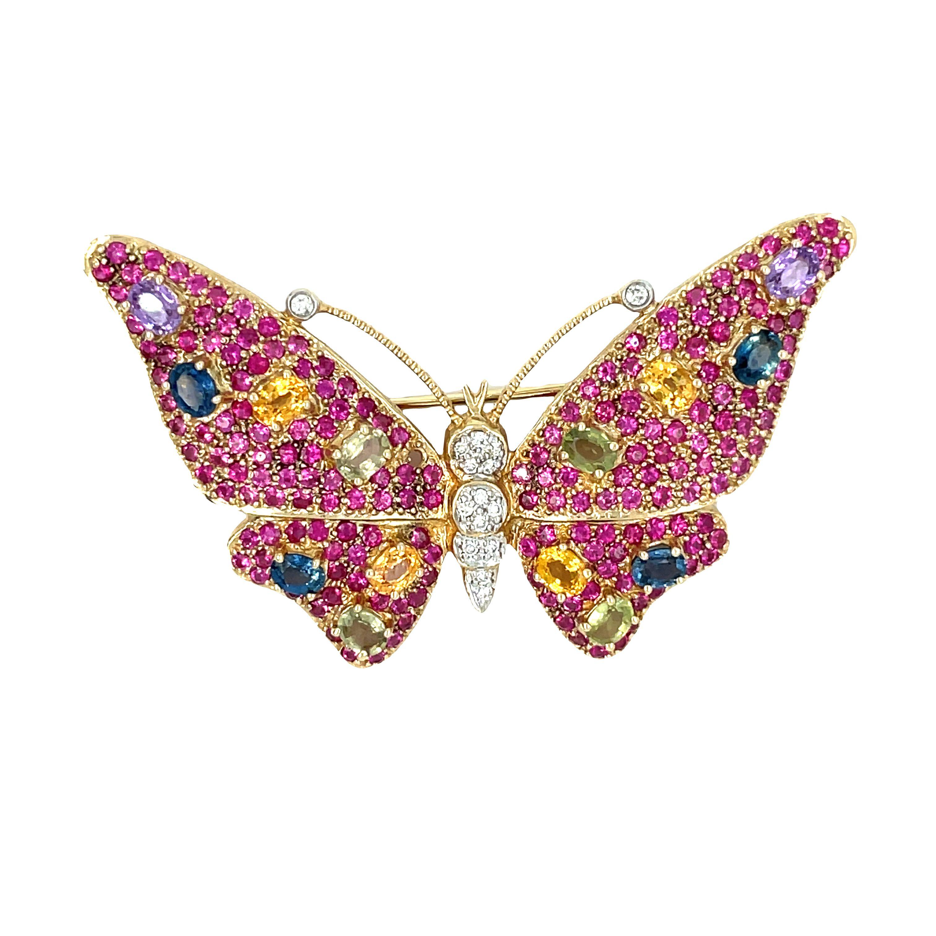 Round Cut Multi-color Sapphire, Ruby and Diamond Butterfly Brooch Pin in 14K Gold For Sale