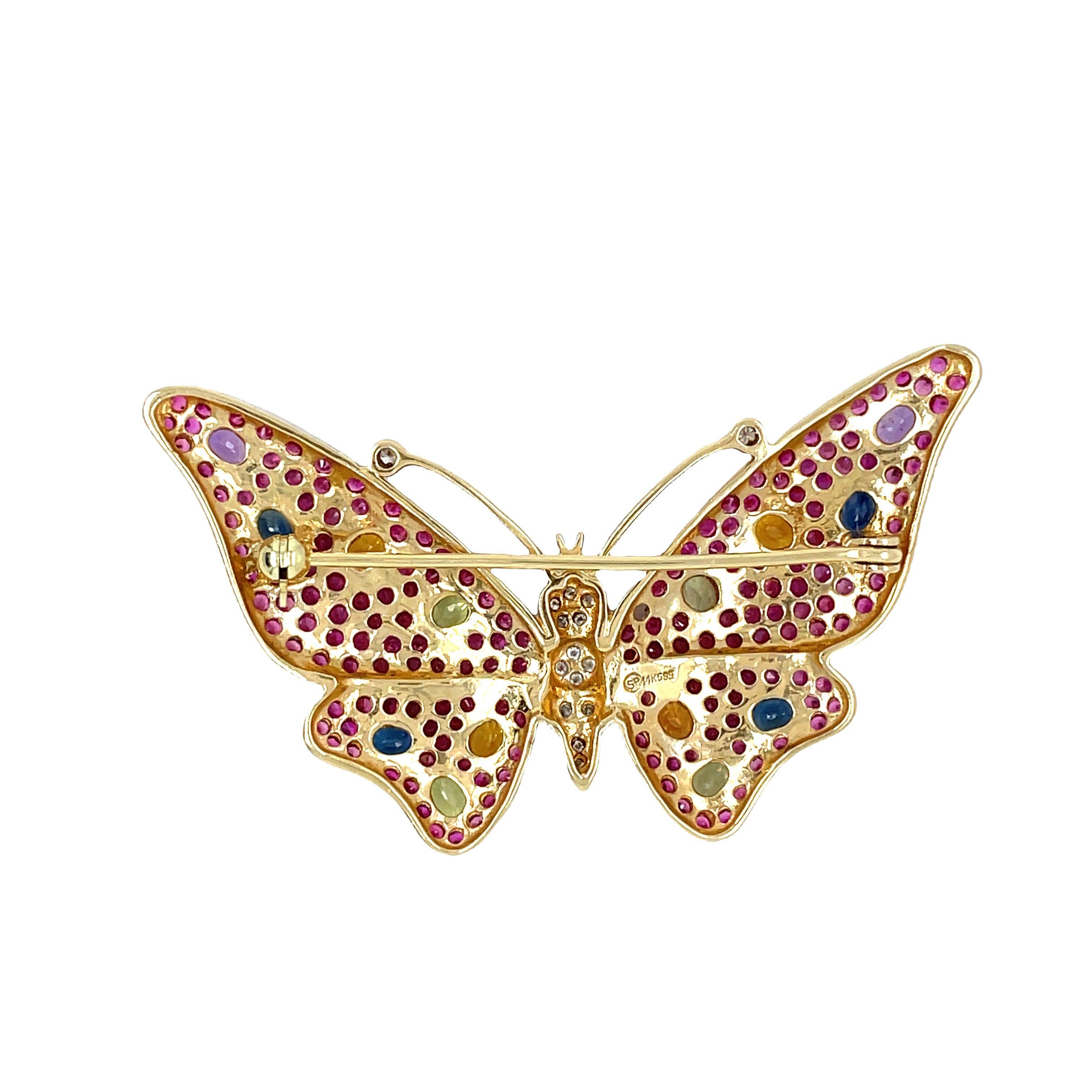 Multi-color Sapphire, Ruby and Diamond Butterfly Brooch Pin in 14K Gold In Excellent Condition For Sale In beverly hills, CA