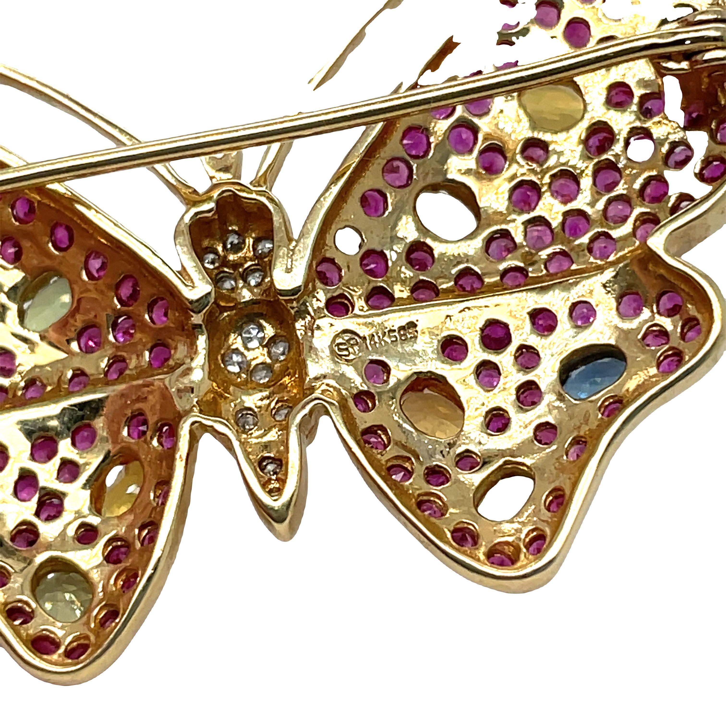 Women's or Men's Multi-color Sapphire, Ruby and Diamond Butterfly Brooch Pin in 14K Gold For Sale