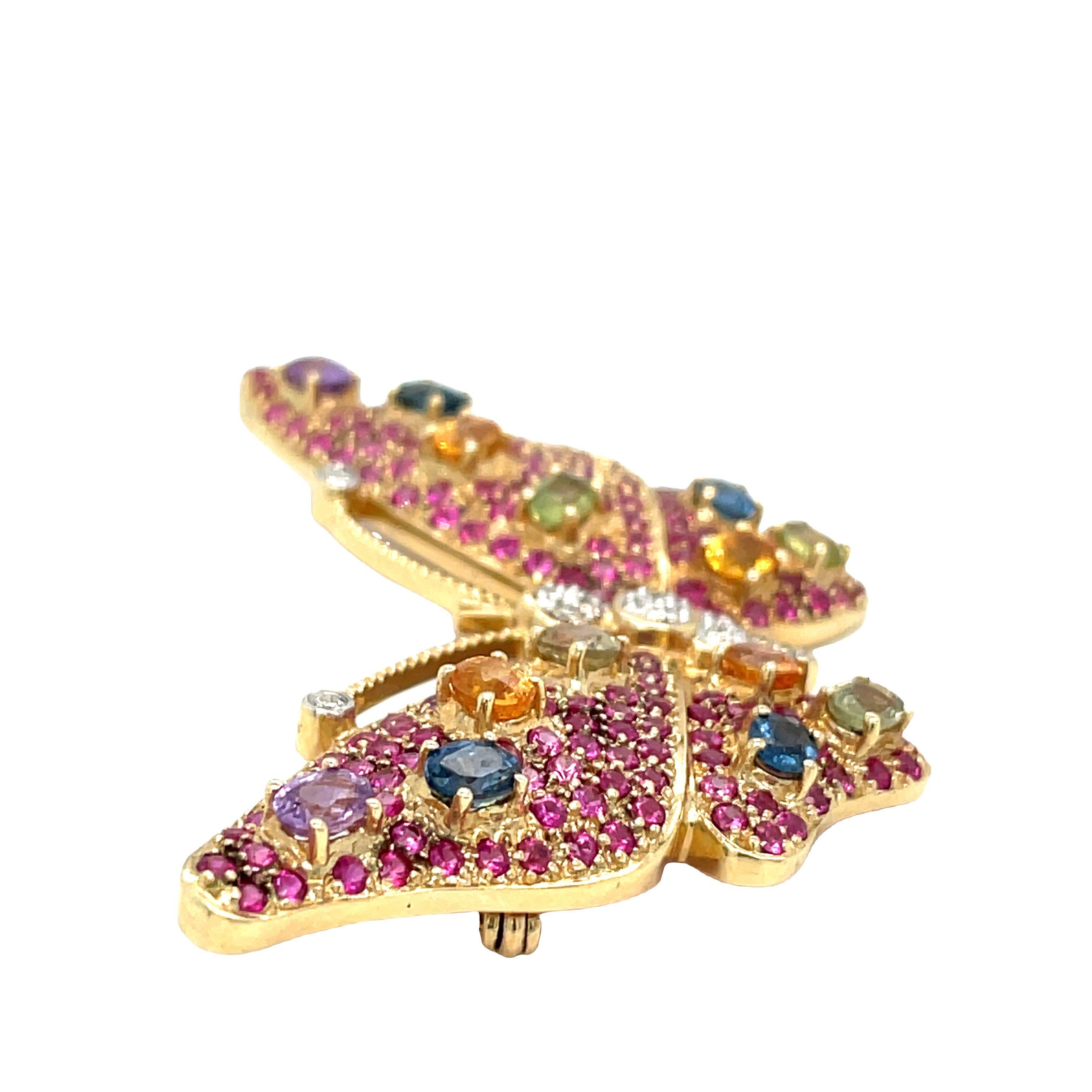Multi-color Sapphire, Ruby and Diamond Butterfly Brooch Pin in 14K Gold For Sale 1