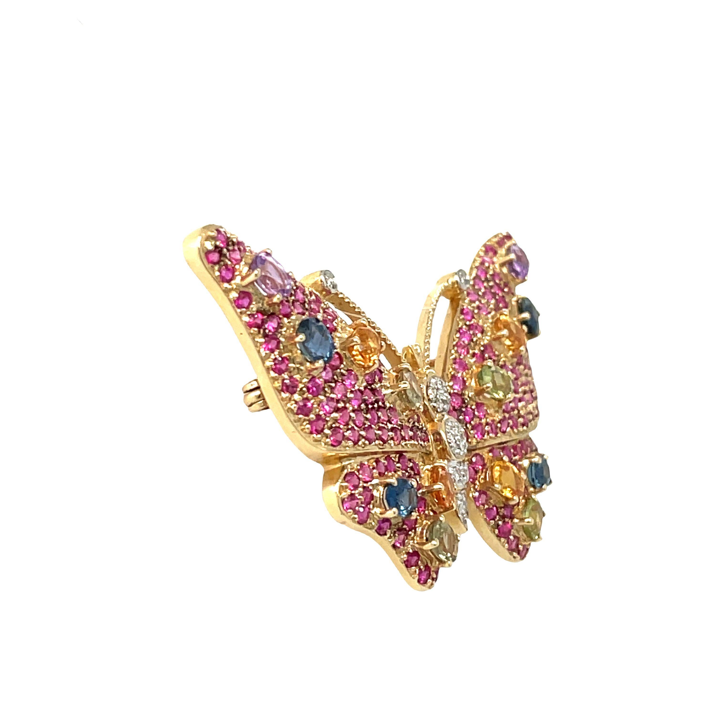 Multi-color Sapphire, Ruby and Diamond Butterfly Brooch Pin in 14K Gold For Sale 2