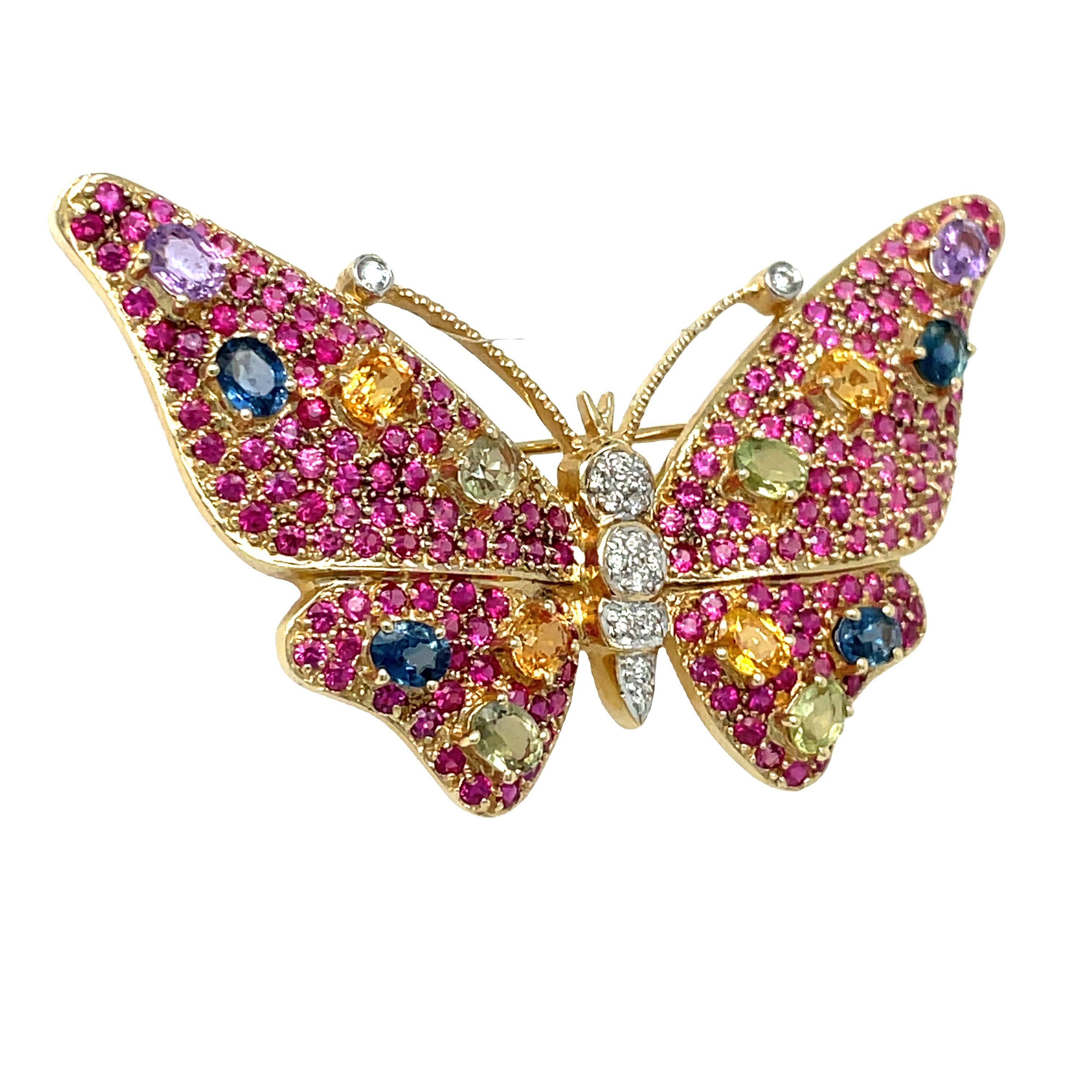 Multi-color Sapphire, Ruby and Diamond Butterfly Brooch Pin in 14K Gold For Sale 3