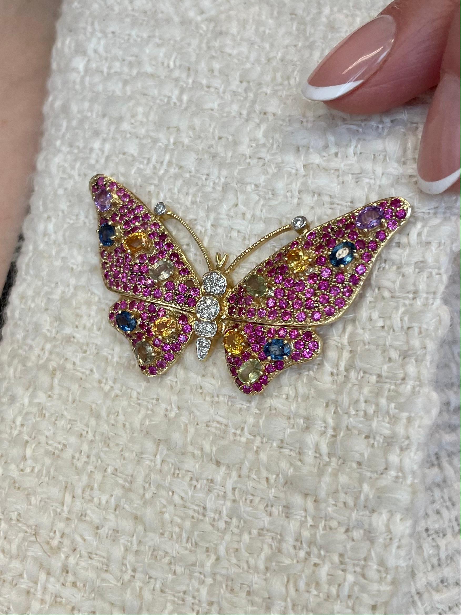 Multi-color Sapphire, Ruby and Diamond Butterfly Brooch Pin in 14K Gold For Sale 4