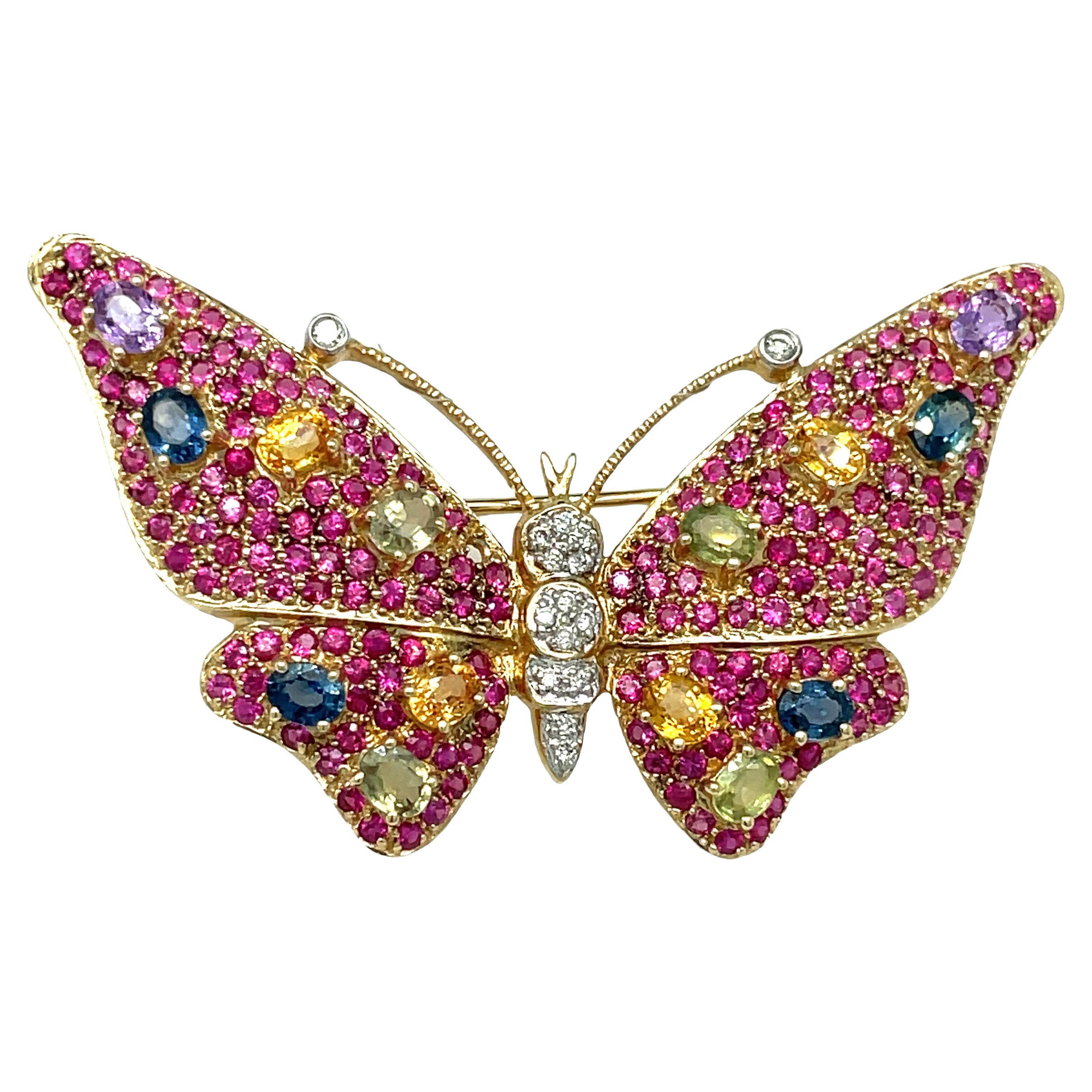 Multi-color Sapphire, Ruby and Diamond Butterfly Brooch Pin in 14K Gold For Sale