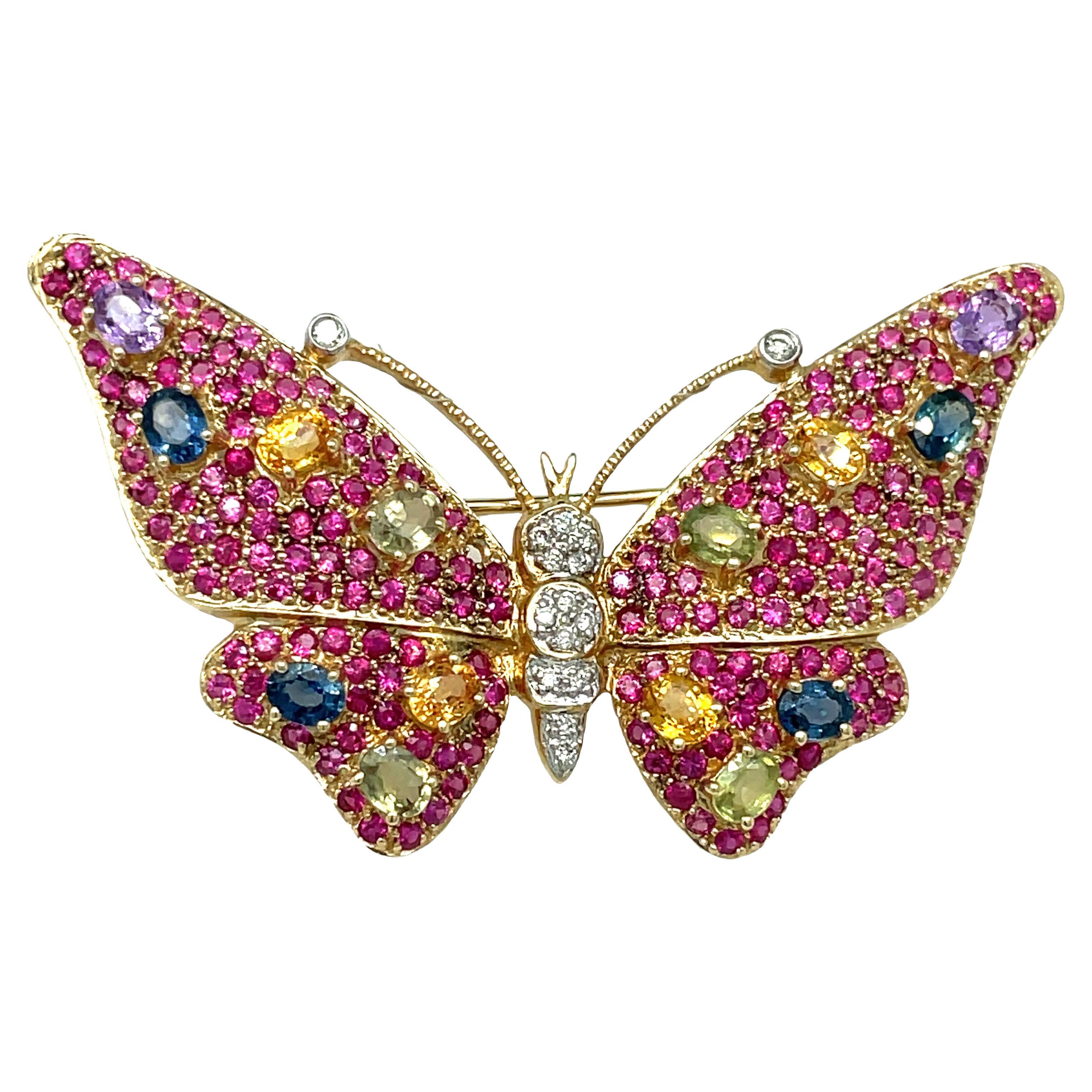 Multi-color Sapphire and Diamond Butterfly Brooch Pin in 14K Gold