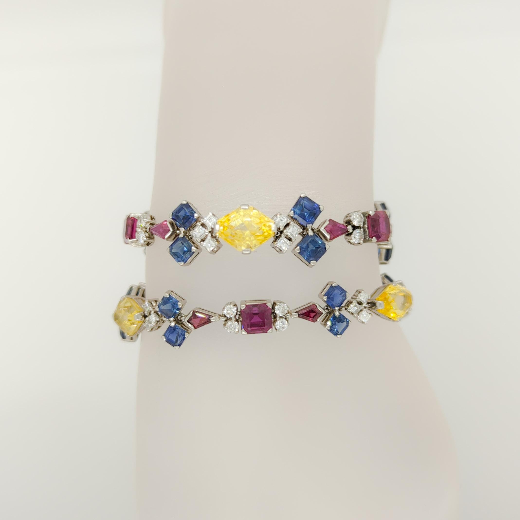 Halskette aus Platin und 14 Karat Weißgold mit mehrfarbigen Saphiren, Rubinen und Diamanten für Damen oder Herren im Angebot