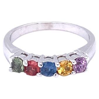 Multi Color Sapphire Stackable Band 14 Karat White Gold For Sale