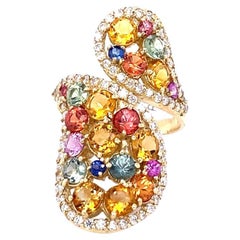 Multi-Color Sapphire Topaz and Diamond Yellow Gold Cocktail Ring