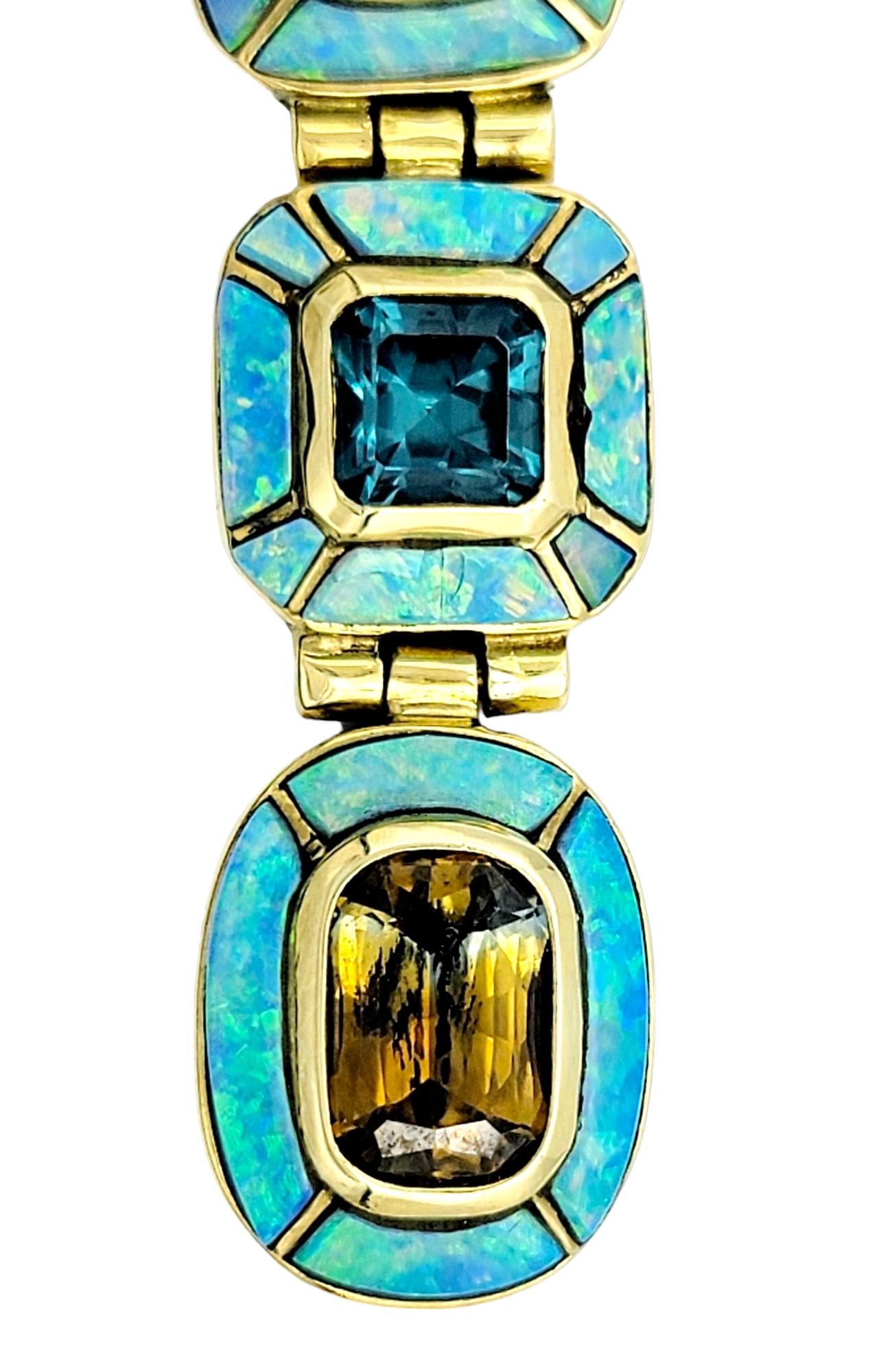 Contemporary Multi Color Sapphire, Tourmaline and Opal Inlay Vertical Pendant 18K Yellow Gold For Sale