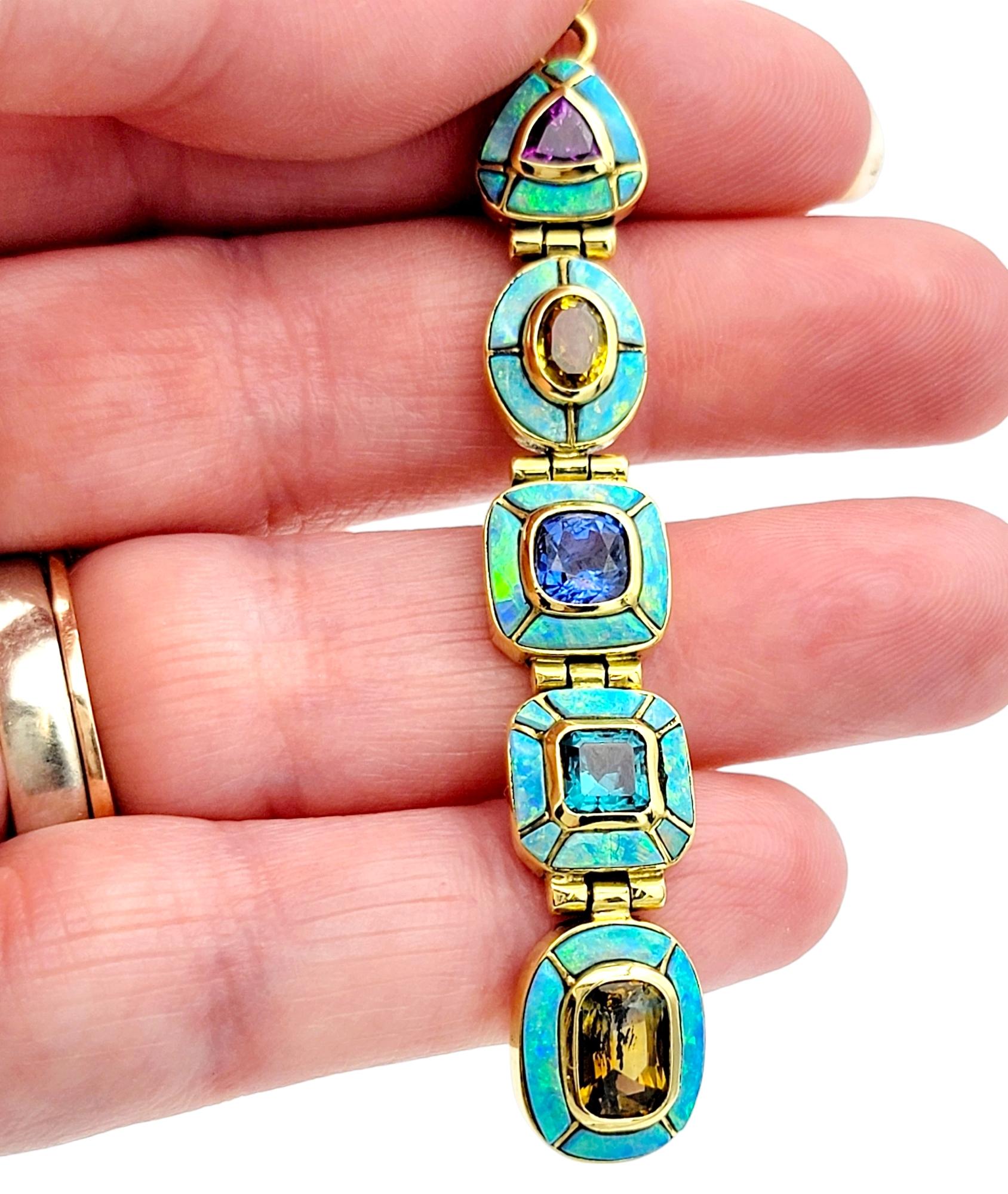 Women's Multi Color Sapphire, Tourmaline and Opal Inlay Vertical Pendant 18K Yellow Gold For Sale