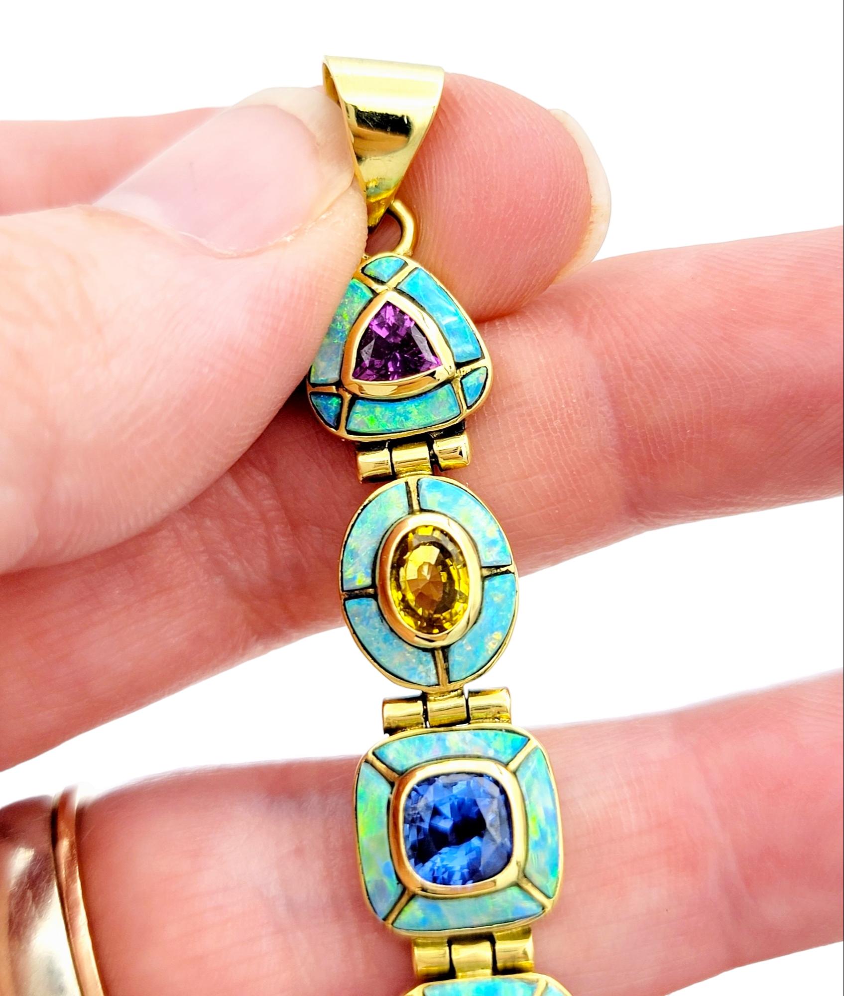 Multi Color Sapphire, Tourmaline and Opal Inlay Vertical Pendant 18K Yellow Gold For Sale 1