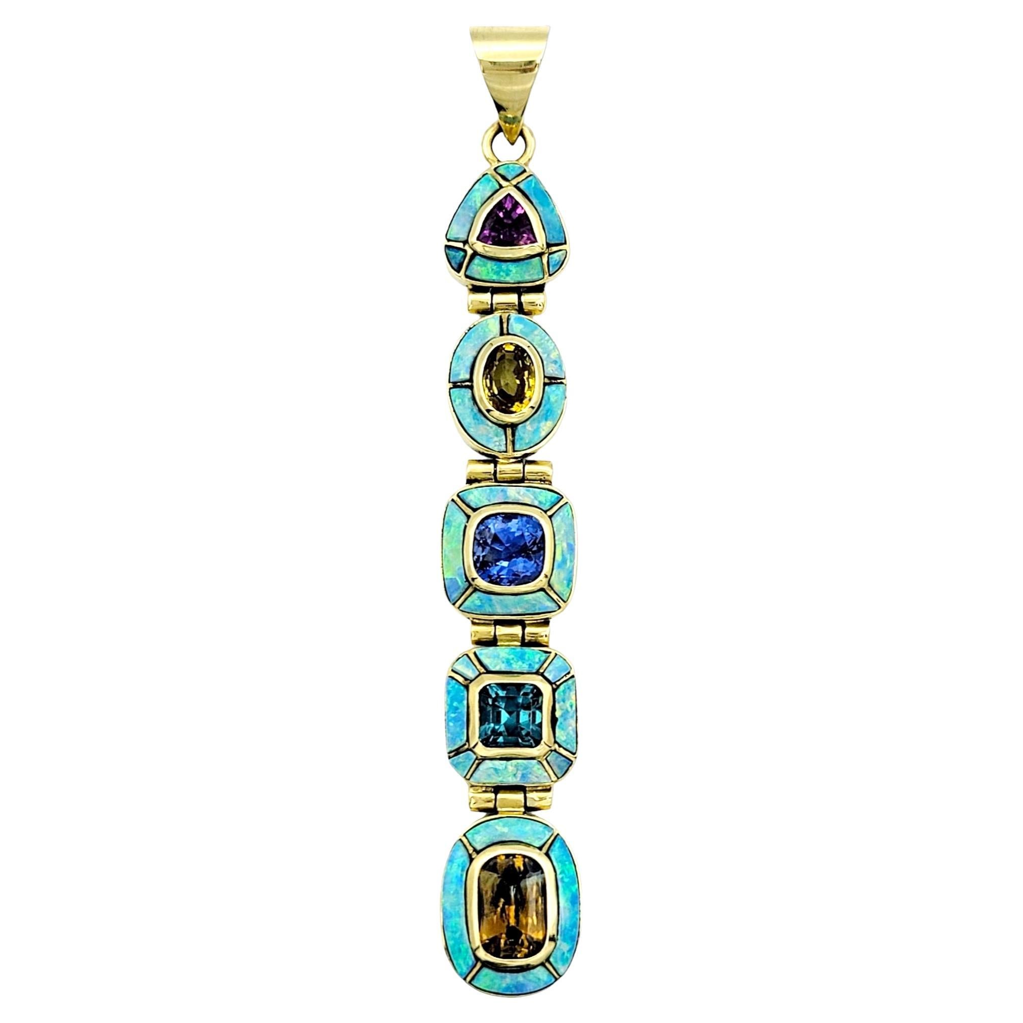 Multi Color Sapphire, Tourmaline and Opal Inlay Vertical Pendant 18K Yellow Gold For Sale