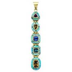 Multi Color Sapphire, Tourmaline and Opal Inlay Vertical Pendant 18K Yellow Gold