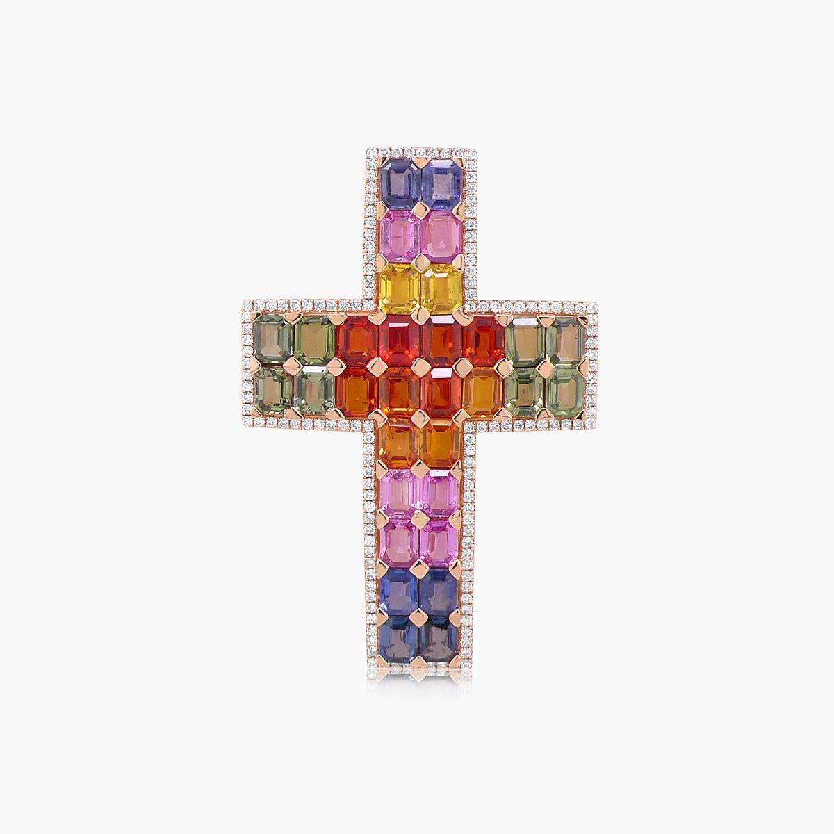 Mixed Cut Multi-Color Sapphire & White Diamond 18K Rose Gold Pendant Necklace For Sale
