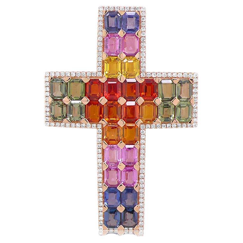 Multi-Color Sapphire & White Diamond 18K Rose Gold Pendant Necklace For Sale