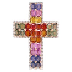Multi-Color Sapphire & White Diamond 18K Rose Gold Pendant Necklace