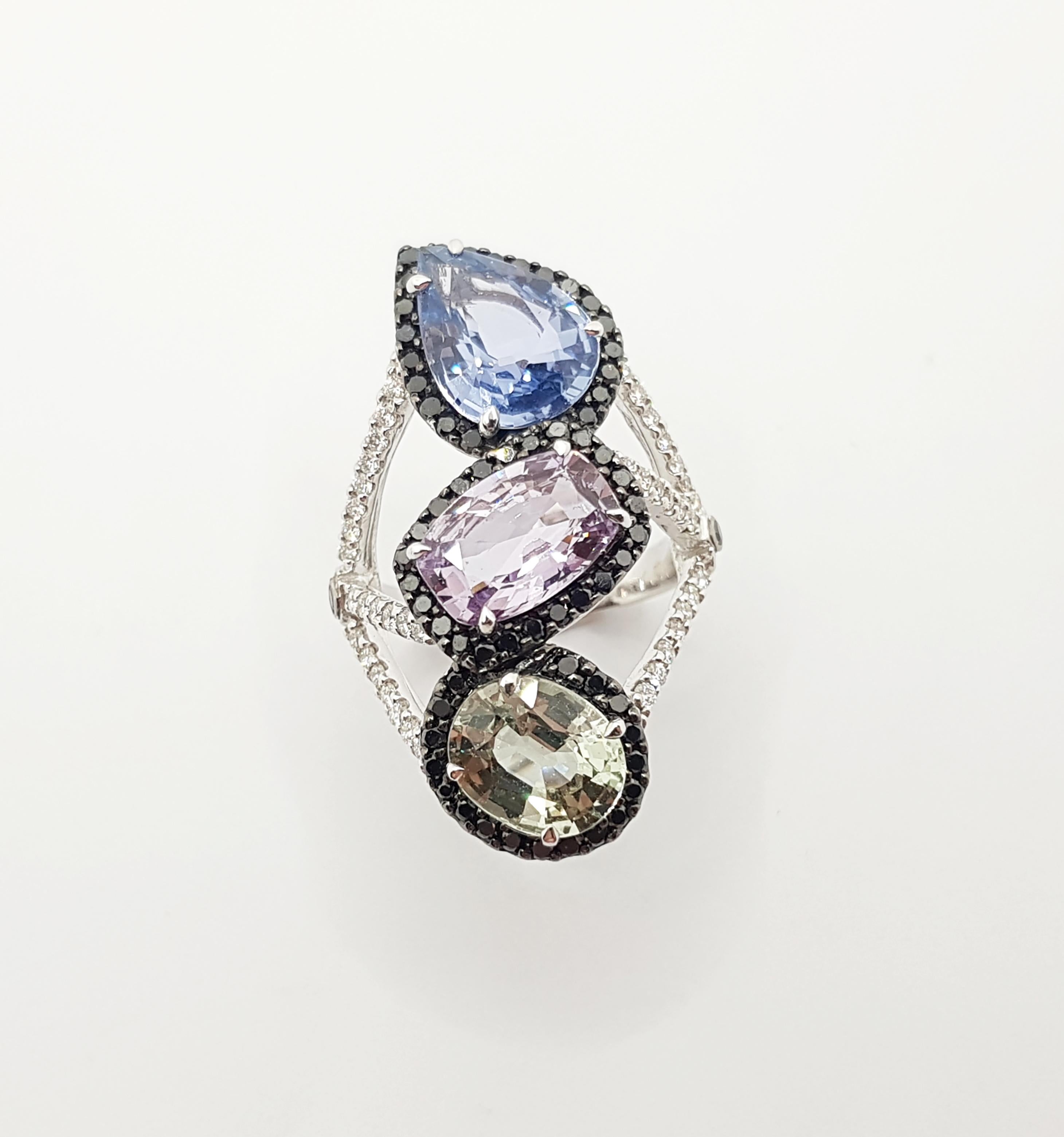 Multi-Color Sapphire with Black Diamond and Diamond Ring 18 Karat White Gold For Sale 1