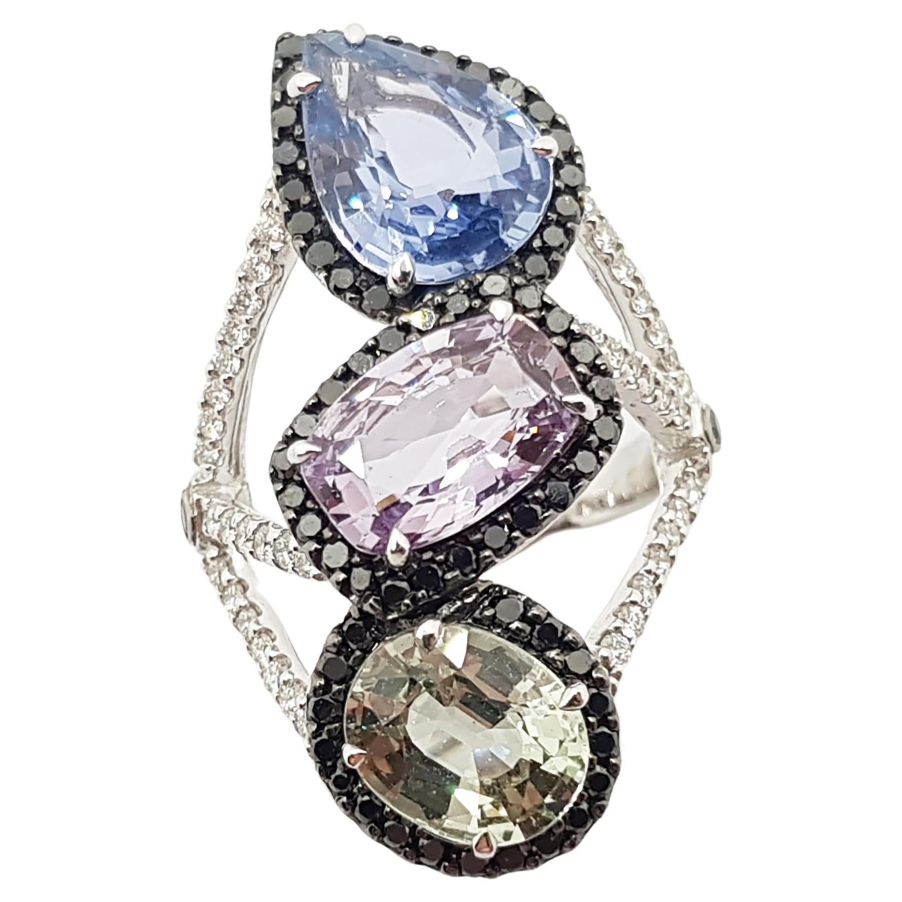 Multi-Color Sapphire with Black Diamond and Diamond Ring 18 Karat White Gold