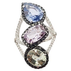 Multi-Color Sapphire with Black Diamond and Diamond Ring 18 Karat White Gold