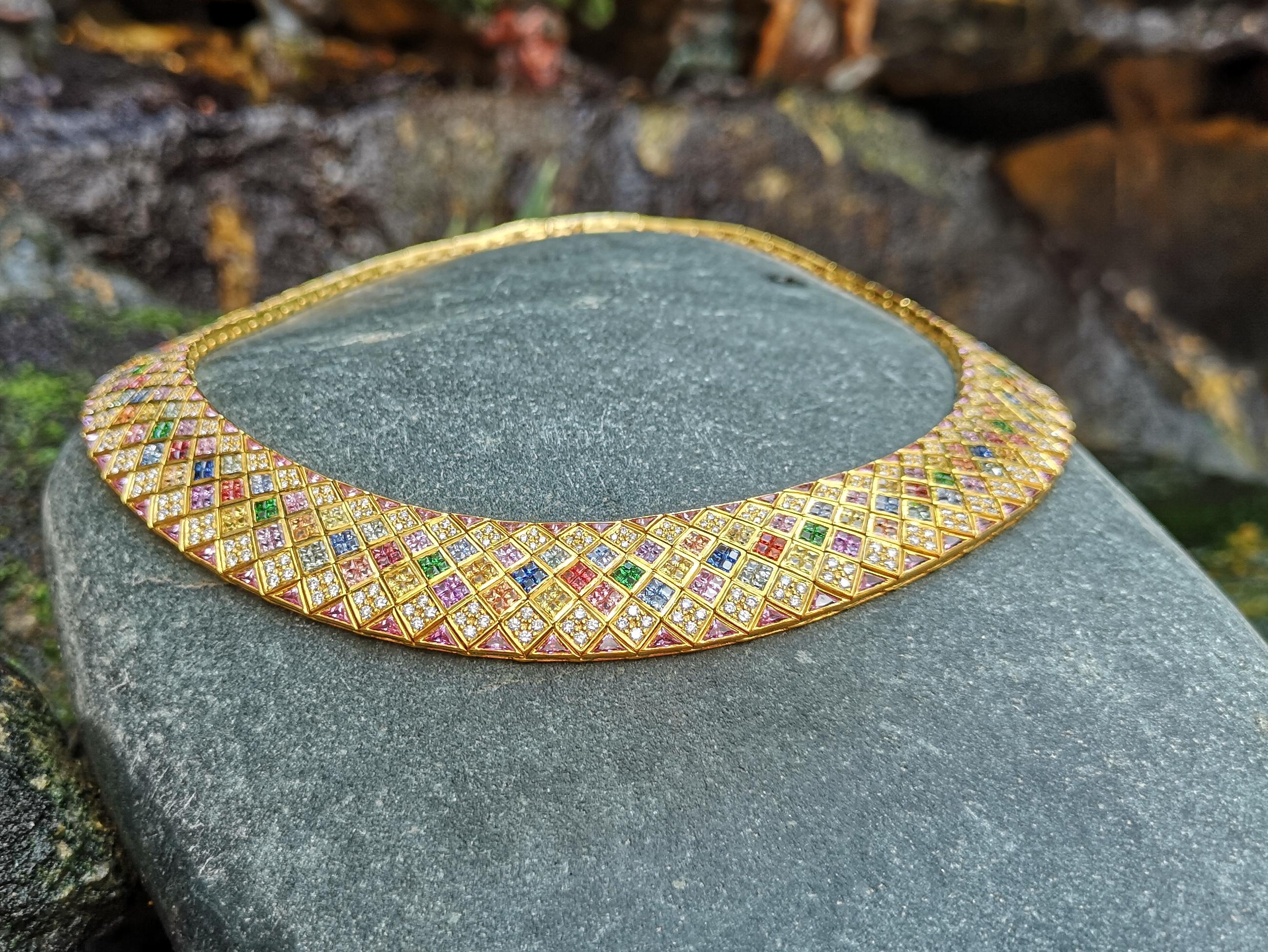 Mixed Cut Multi-Color Sapphire with Diamond and Pink Sapphire Necklace in 18 Karat Gold For Sale