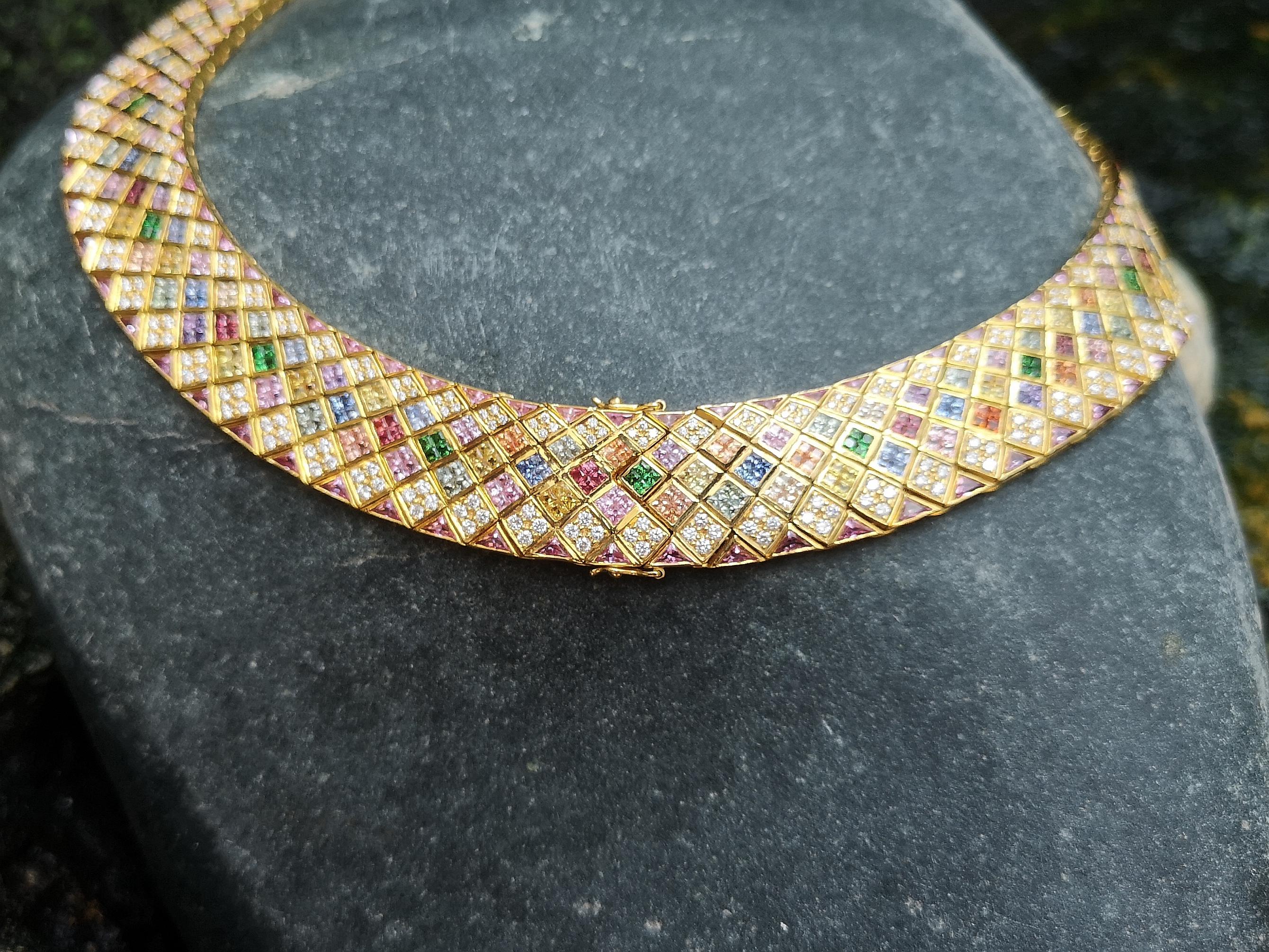 Multi-Color Sapphire with Diamond and Pink Sapphire Necklace in 18 Karat Gold For Sale 2
