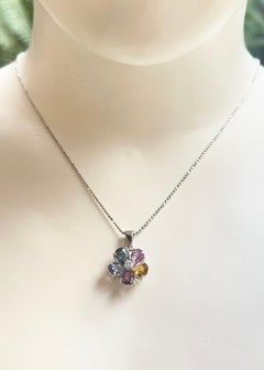 Multi Color Sapphire with Diamond Flower Pendant set in 18K White Gold Settings