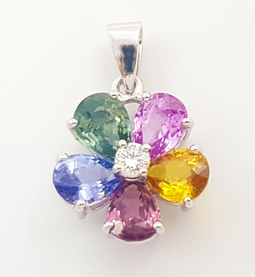 Contemporary Multi Color Sapphire with Diamond Flower Pendant set in 18K White Gold Settings For Sale