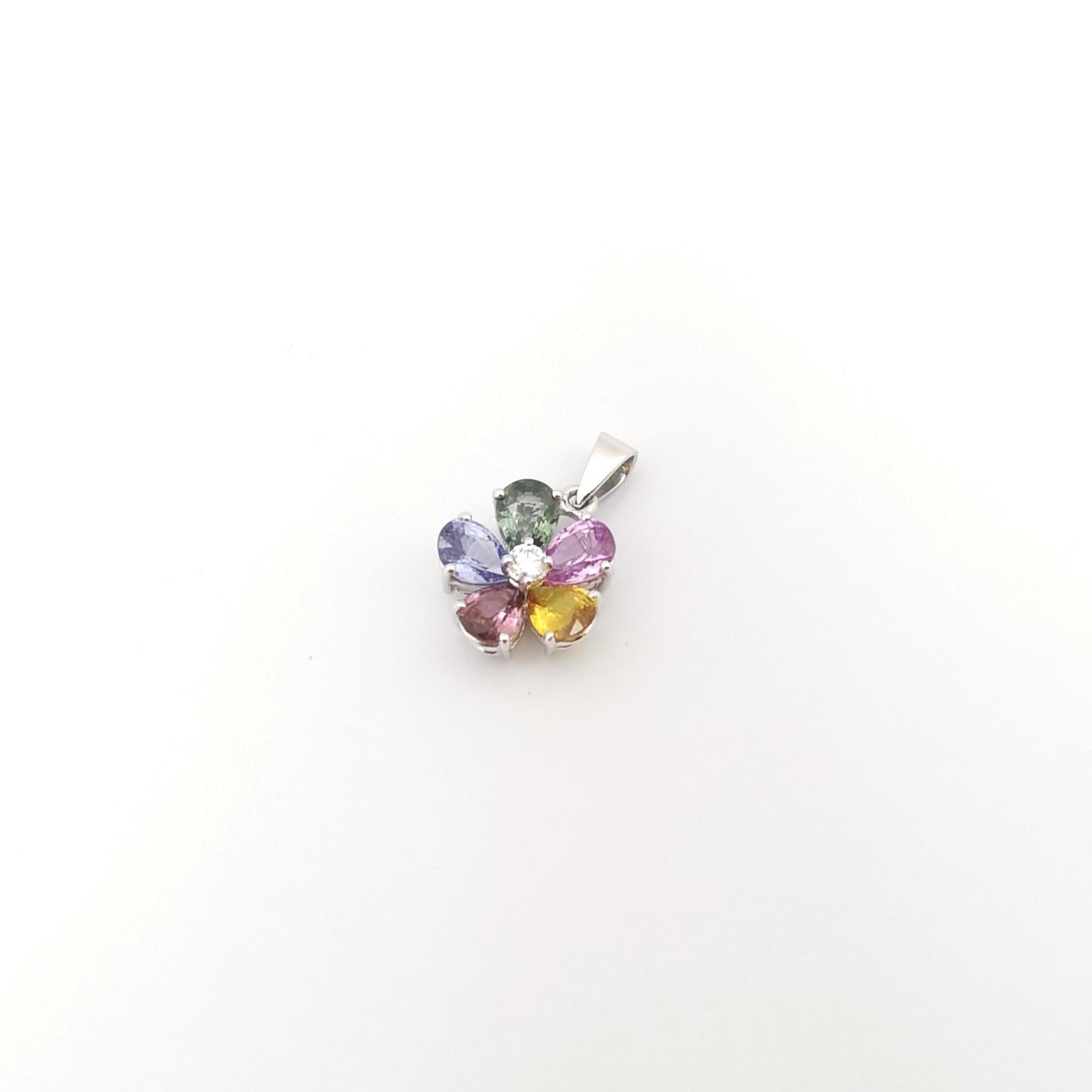 Pear Cut Multi Color Sapphire with Diamond Flower Pendant set in 18K White Gold Settings For Sale