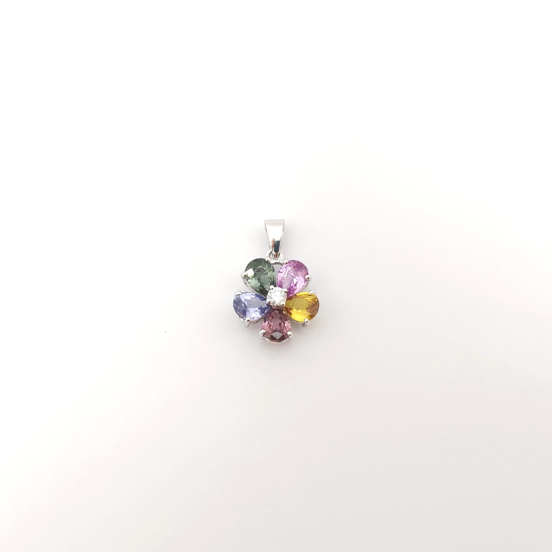 Multi Color Sapphire with Diamond Flower Pendant set in 18K White Gold Settings For Sale 1