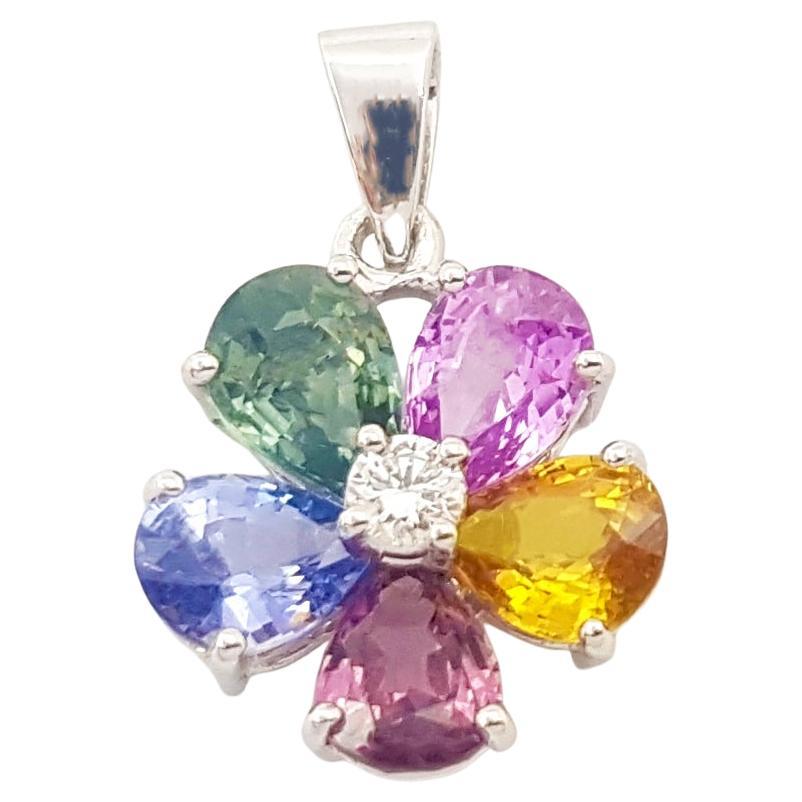 Multi Color Sapphire with Diamond Flower Pendant set in 18K White Gold Settings For Sale