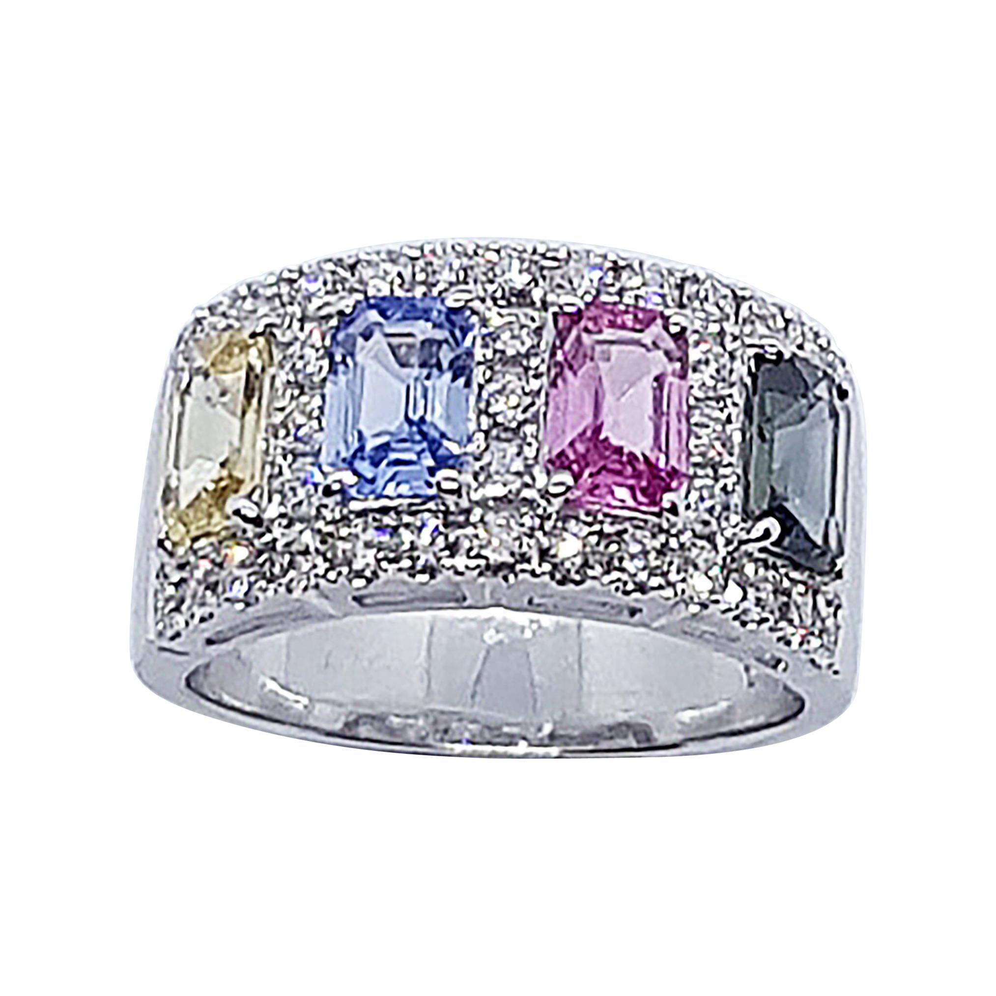 Multi-Color Sapphire with Diamond Ring Set in 18 Karat White Gold Settings