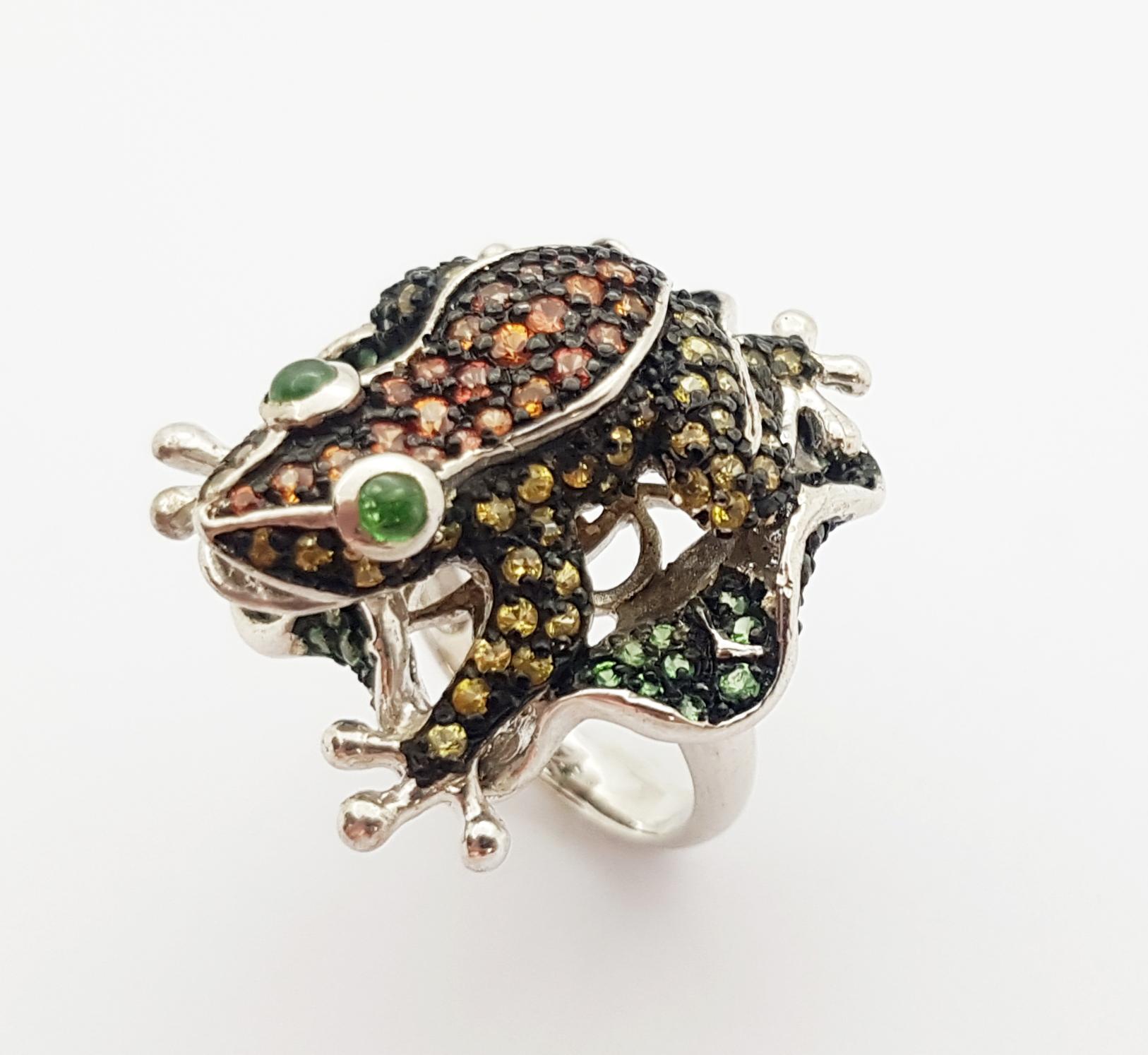 Contemporary Multi-Color Sapphire with Tsavorite Frog Ring set in Silver Settings For Sale