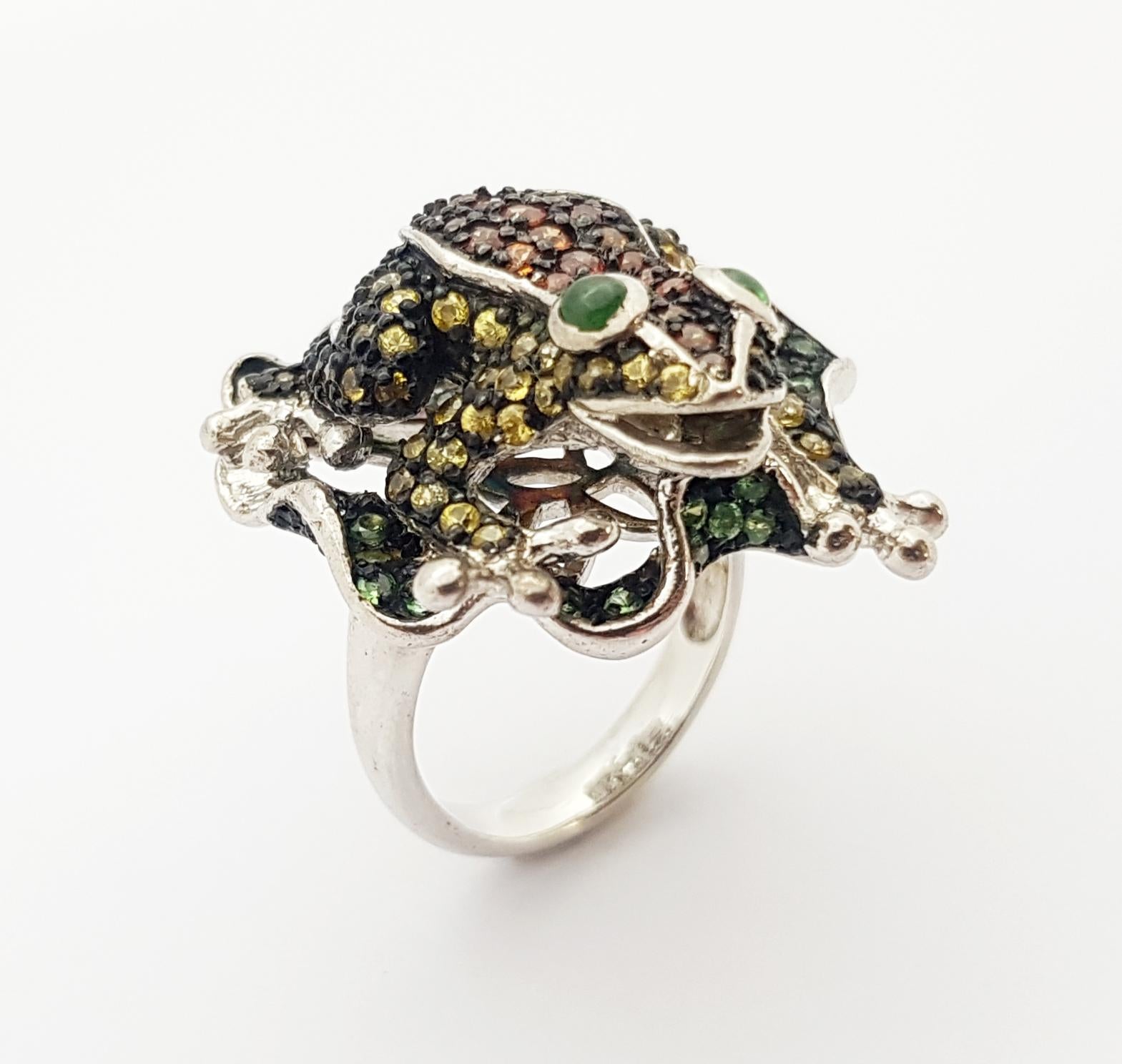 Mixed Cut Multi-Color Sapphire with Tsavorite Frog Ring set in Silver Settings For Sale