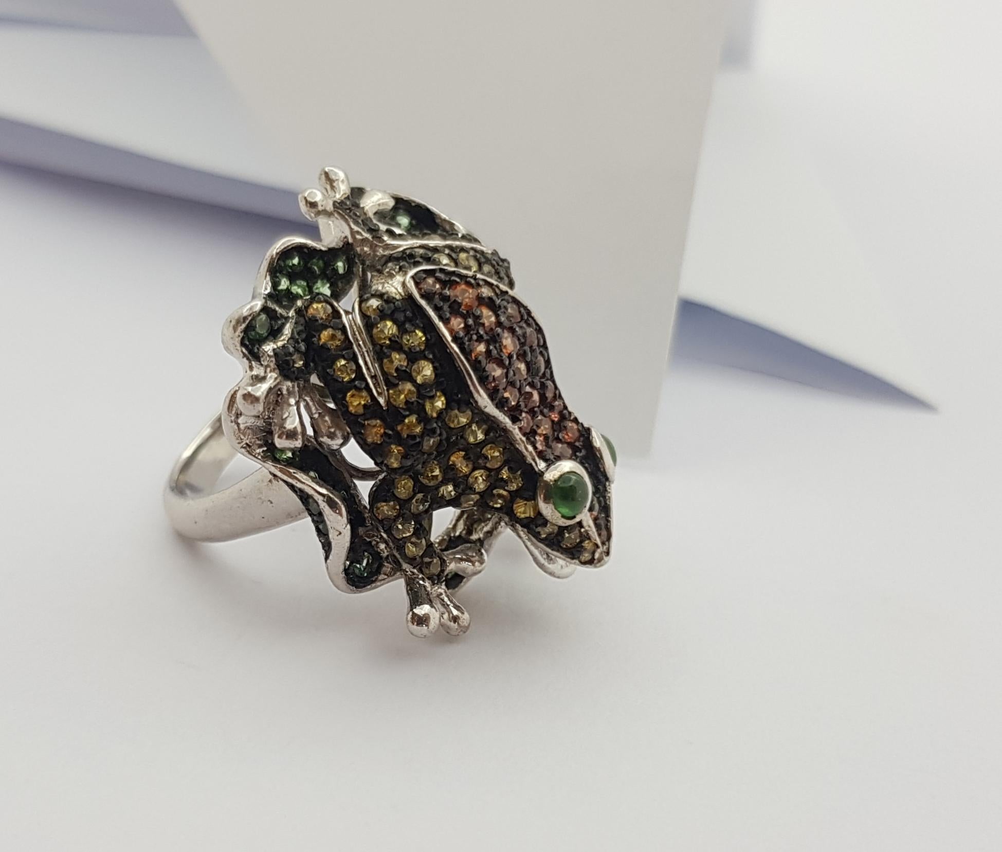 Multi-Color Sapphire with Tsavorite Frog Ring set in Silver Settings For Sale 1