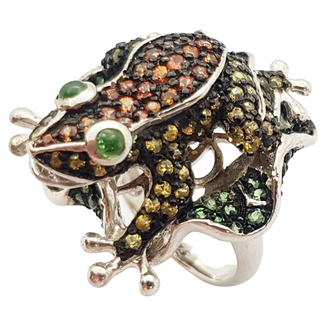 Multi-Color Sapphire with Tsavorite Frog Ring set in Silver Settings For Sale