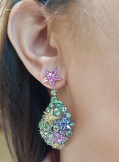Multi-Color Sapphire with Tsavorite Star Earrings Set in 18 Karat White Gold