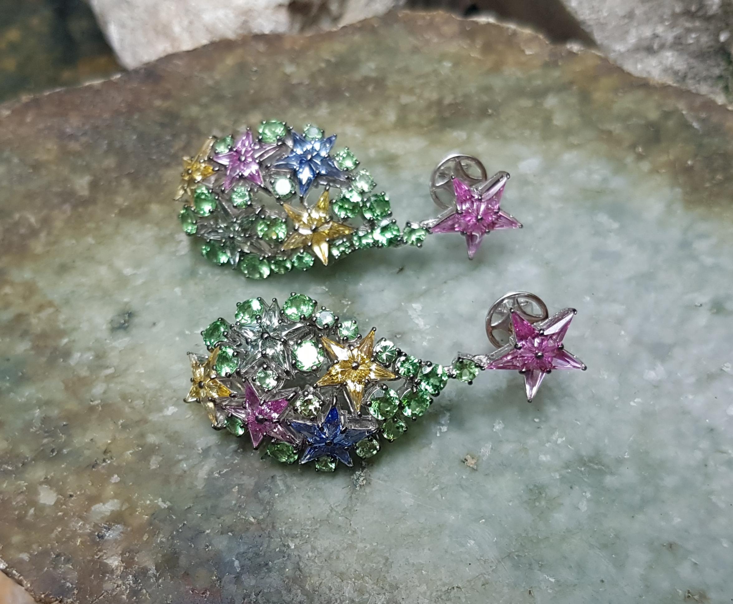 Women's Multi-Color Sapphire with Tsavorite Star Earrings Set in 18 Karat White Gold For Sale