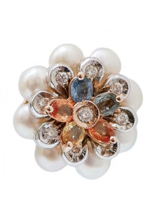 Multi-Color Sapphires, Diamonds, Pearls 14kt White and Rose Gold Flower Earrings