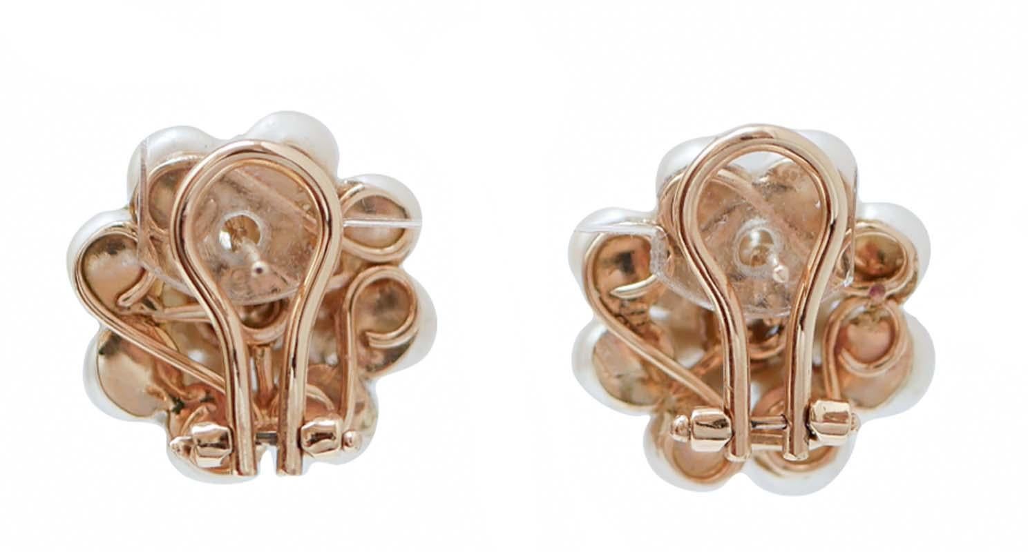 Retro Multi-Color Sapphires, Diamonds, Pearls 14kt White and Rose Gold Flower Earrings For Sale