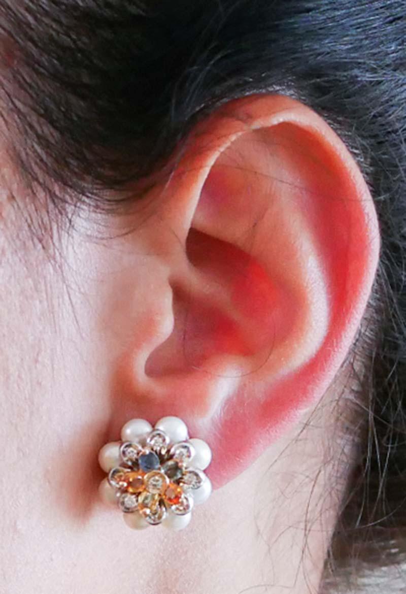 Multi-Color Sapphires, Diamonds, Pearls 14kt White and Rose Gold Flower Earrings In Good Condition For Sale In Marcianise, Marcianise (CE)
