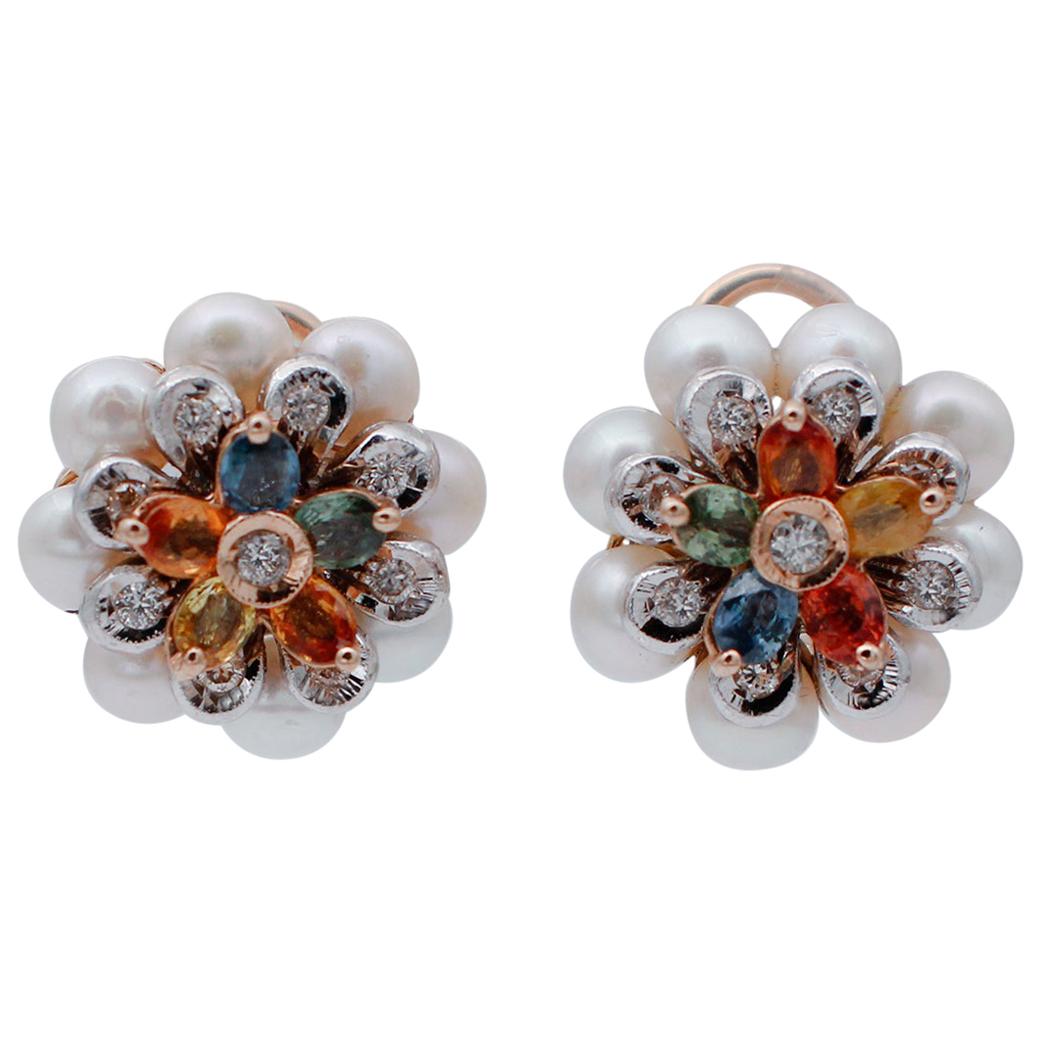 Multi-Color Sapphires, Diamonds, Pearls 14kt White and Rose Gold Flower Earrings