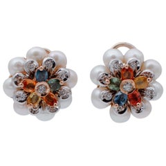 Multi-Color Sapphires, Diamonds, Pearls 14kt White and Rose Gold Flower Earrings