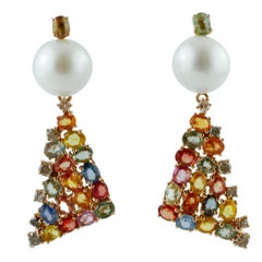 Multi-Color Sapphires, Diamonds Pearls, Rose Gold Fashion Design Dangle Earrings Multi-Color Sapphires, Diamonds Pearls, Rose Gold Fashion Design Dangle Earrings
