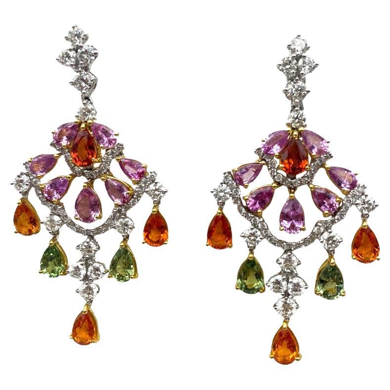 Multi-Color Sapphires Earrings 10.50 Carat with Diamonds 3 Carat F/VS 18k Gold For Sale