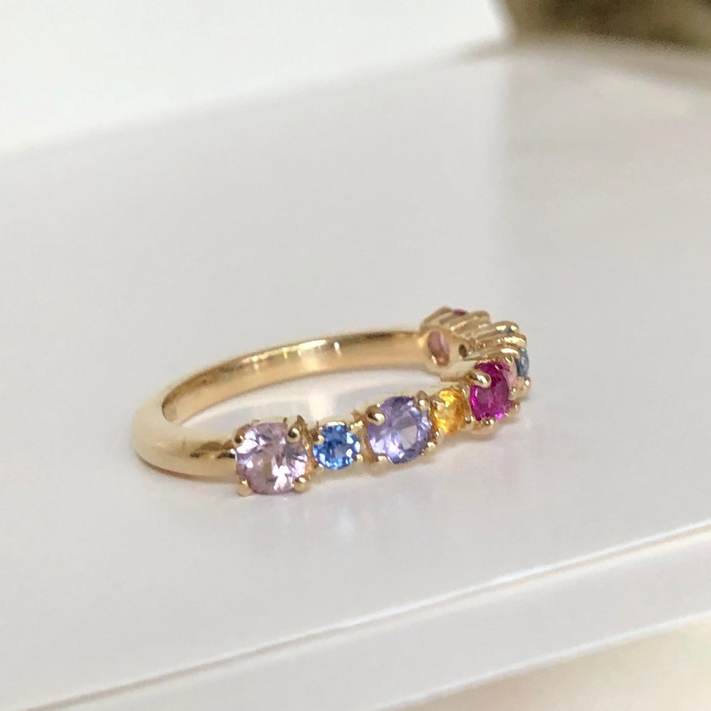 Multi-Color Sapphires Half Eternity Wedding Band Yellow Gold For Sale 1