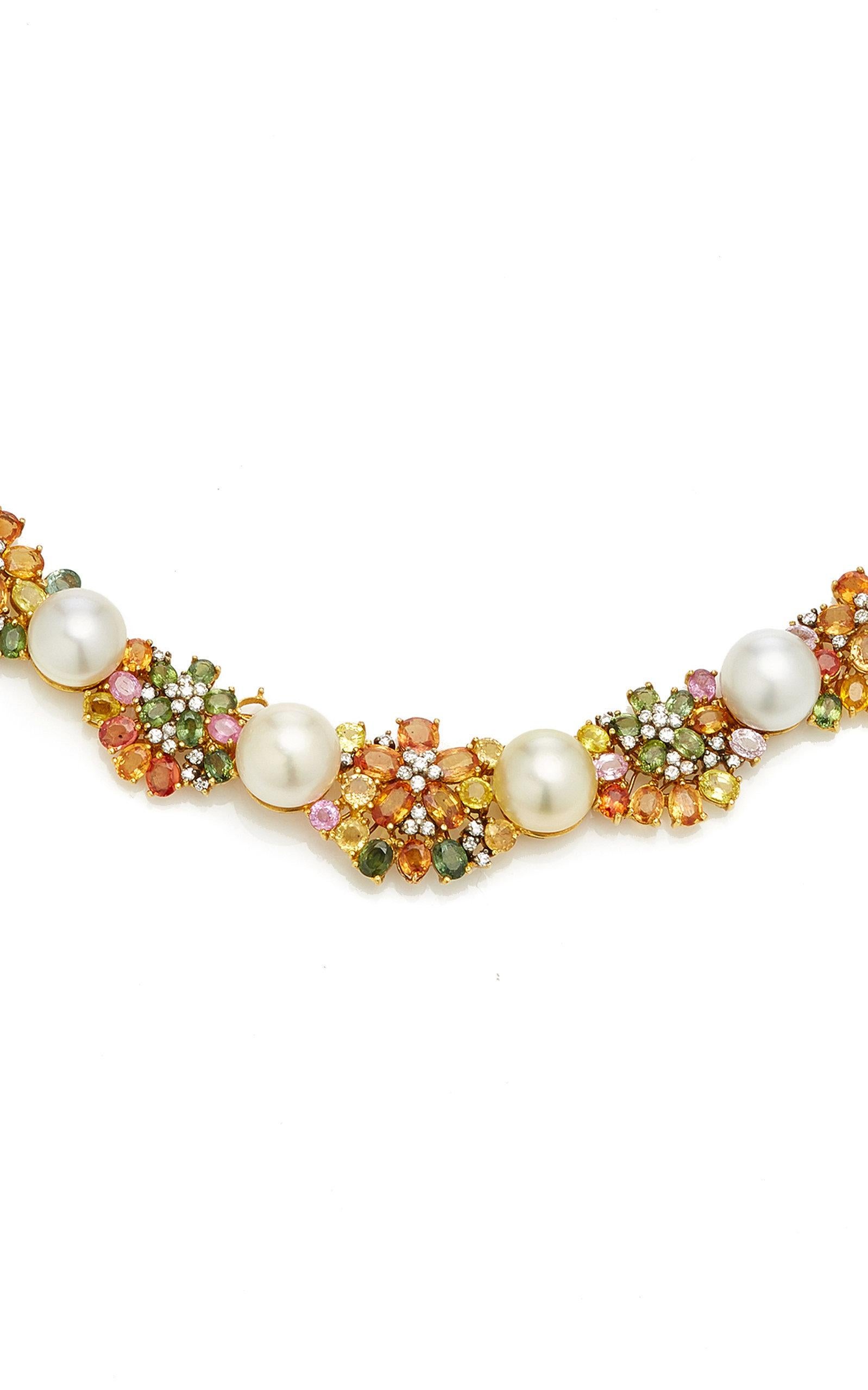 Mehrfarbige Saphir-Perlen-Gold-Halskette für Damen oder Herren im Angebot
