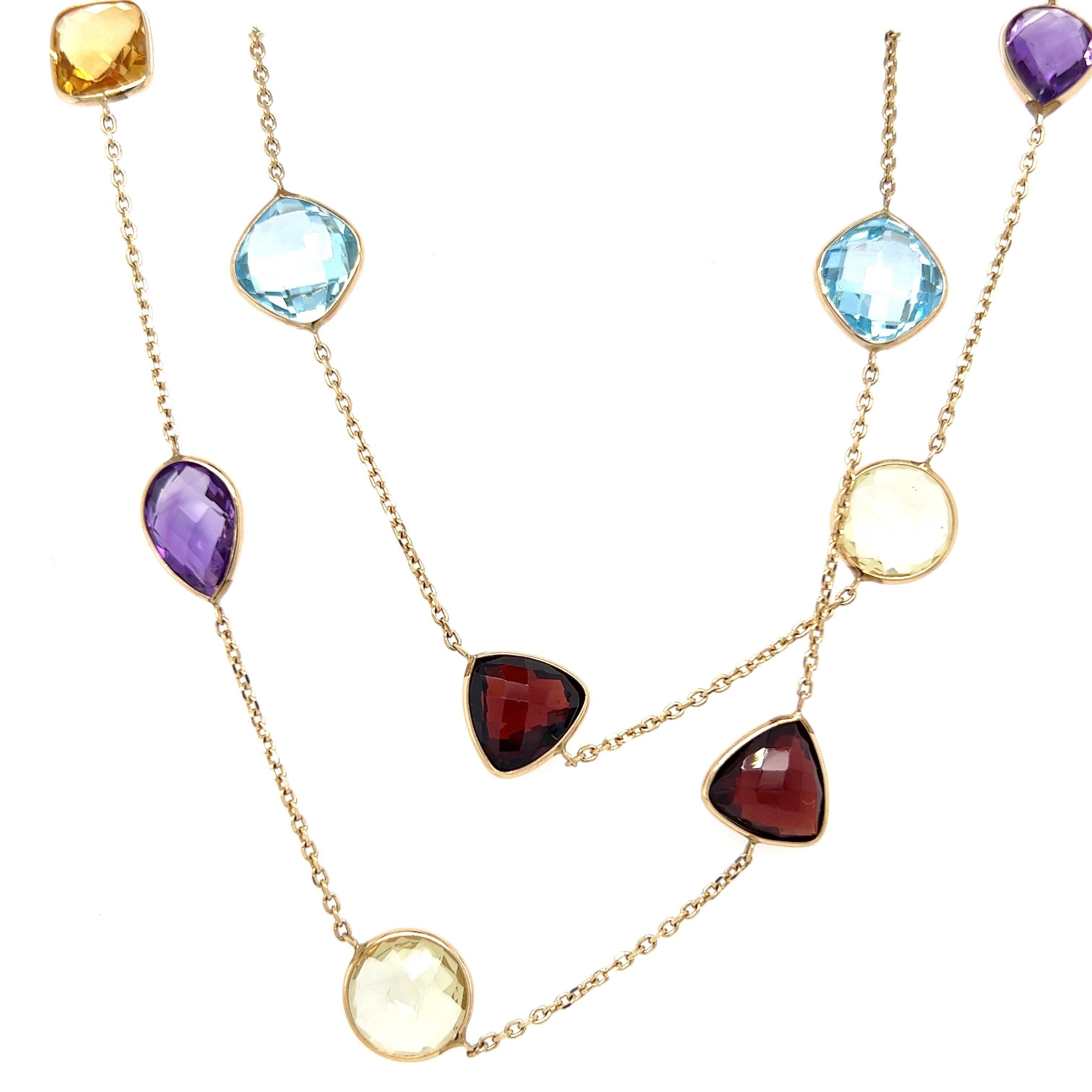 Multi-Color Semi-Precious Gemstone Necklace

Details:

20- Semi-Precious Gemstones- Citrine, Amethyst, Blue Topaz, Garnet- 102ct Total Weight
14kt Yellow Gold