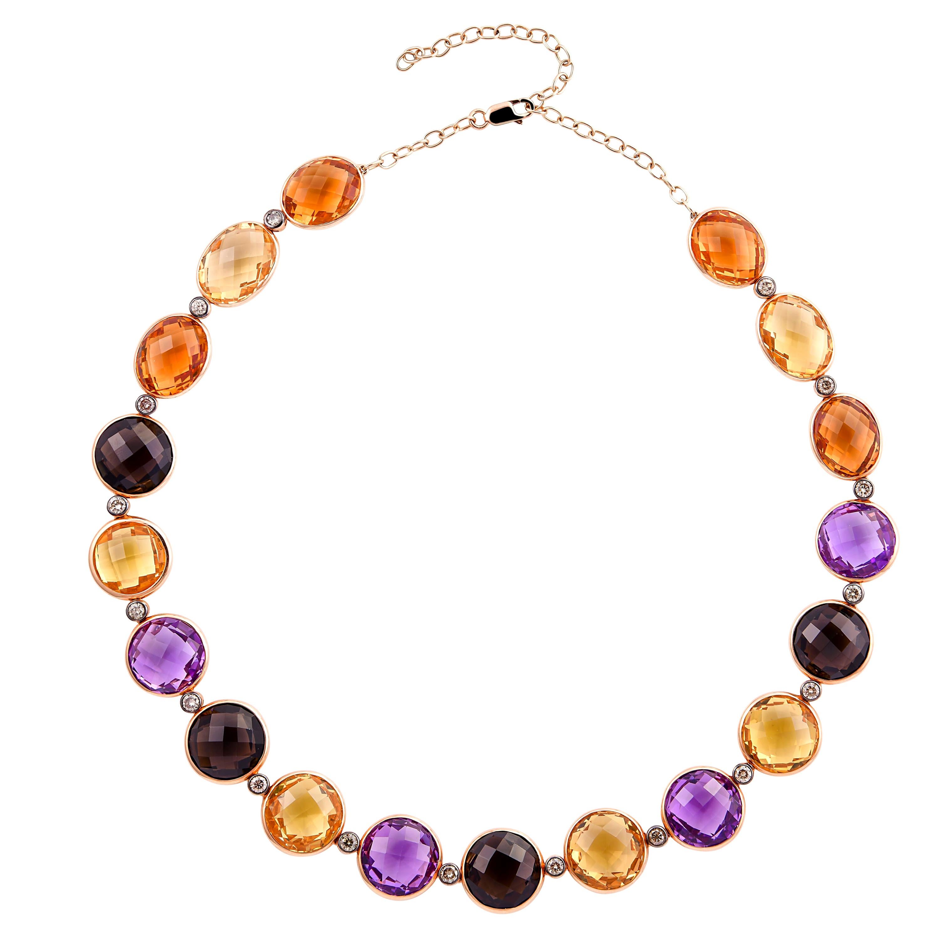 Multi-Color Semi-Precious Gemstones Necklace in 18 Karat Rose Gold with Diamonds For Sale