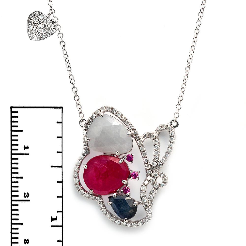 Collana a farfalla in oro 14 carati con zaffiri e diamanti a fette multicolore In condizioni ottime in vendita a Los Angeles, CA