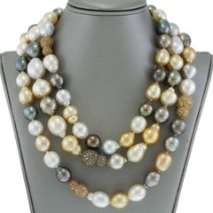 Multi-Color South Sea Pearl Necklace with Diamond Nugget Stations